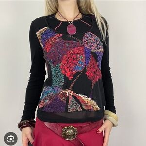 ❤️ PAPILLION BLANC VINTAGE Y2K ABSTRACT FLORAL MESH SLEEVE TOP, SMALL